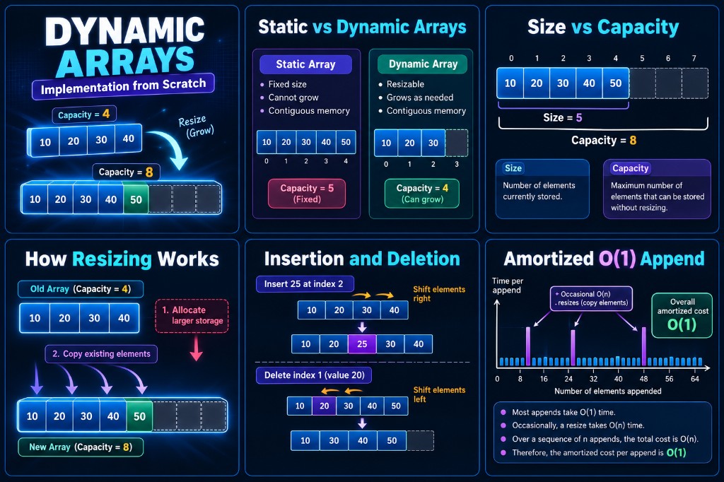 Dynamic Arrays: implementation from scratch — static vs dynamic, size vs capacity, resizing, insertion, deletion, amortized O(1) append