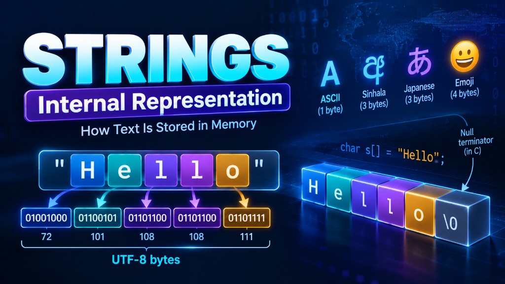 Strings: Internal Representation — how text is stored in memory, UTF-8 bytes and null-terminated C strings